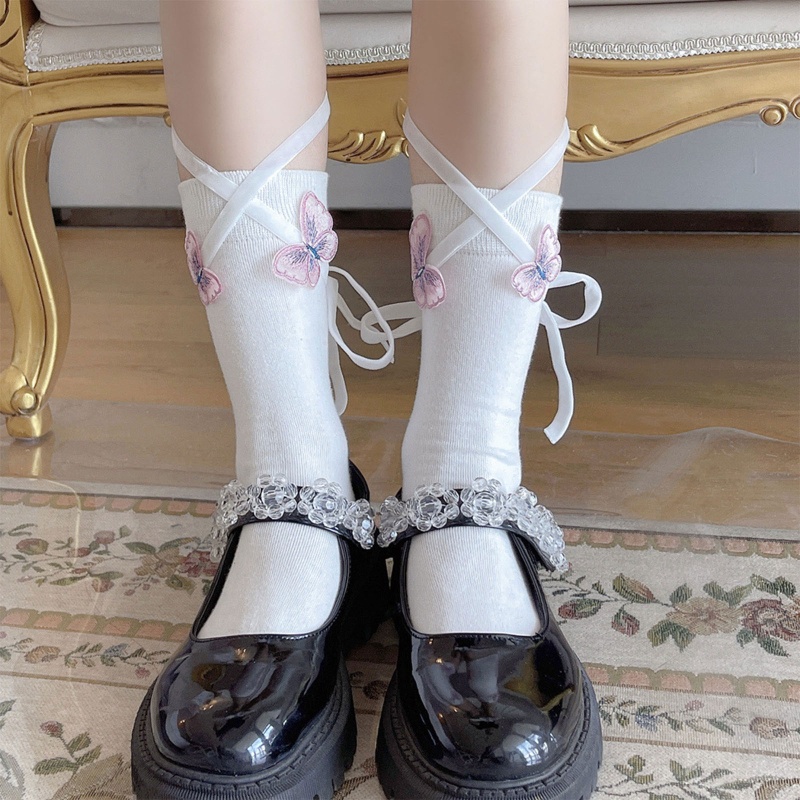 Vớ Cotton Cổ Thuyền Cột Dây Họa Tiết Bướm 3D Phong Cách Lolita Cho Nữ