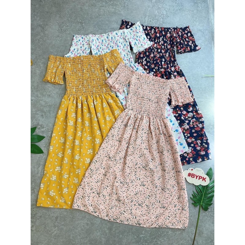 đầm trễ vai hoa nhí may nhún xoè bồng kx