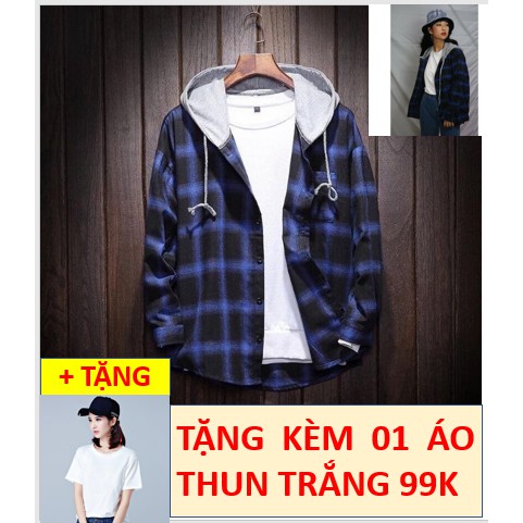 COMBO ÁO KHOÁC SƠ MI CARO CÓ NÓN TẶNG ÁO THUN TRƠN THEO SIZE