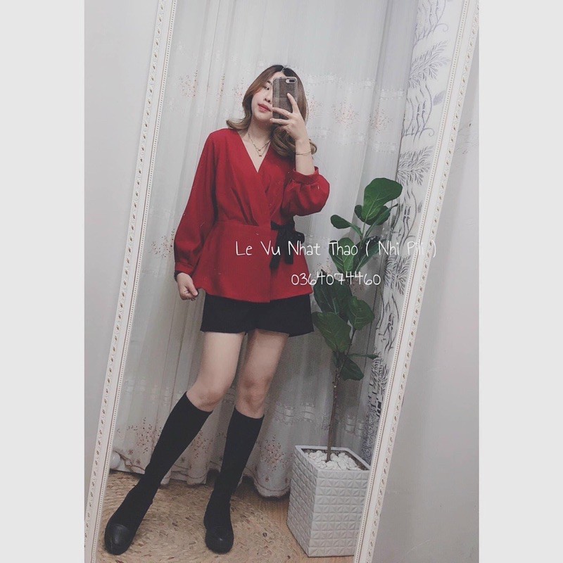 ÁO PEPLUM ĐỎ CỔ ĐẮP THẮT NƠ ĐEN