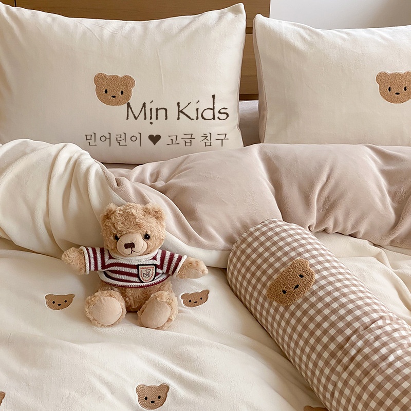 Bộ chăn ga gối cao cấp, ga gối MỊN KIDS, hình gấu chất vải nỉ nhung mềm mịn
