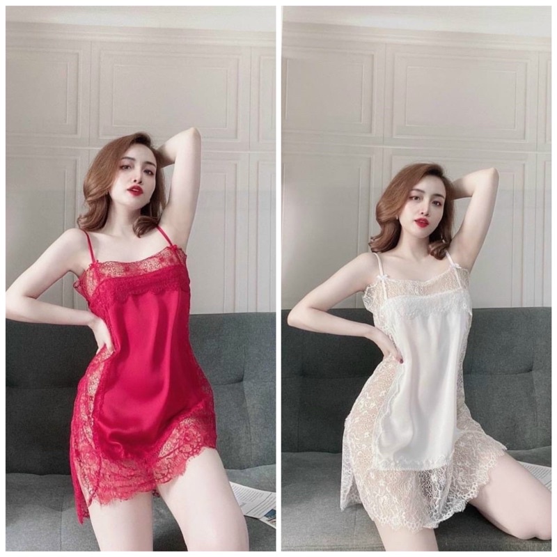 Đầm ngủ phối ren sexy mặc ở nhà siêu quyến rũ, ,chất phi bóng mát mẻ thoải mái