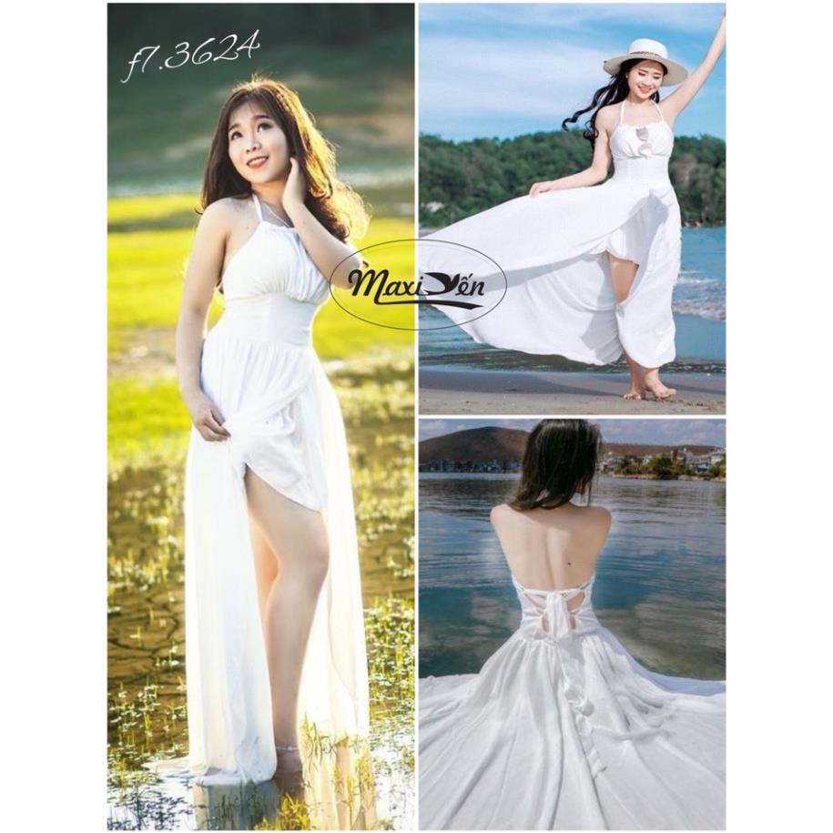 ĐẦM MAXI TRẮNG ĐAN DÂY LƯNG CHÂN VÁY XẺ TÀ MULLET DM3624007 MAXI YẾN VN