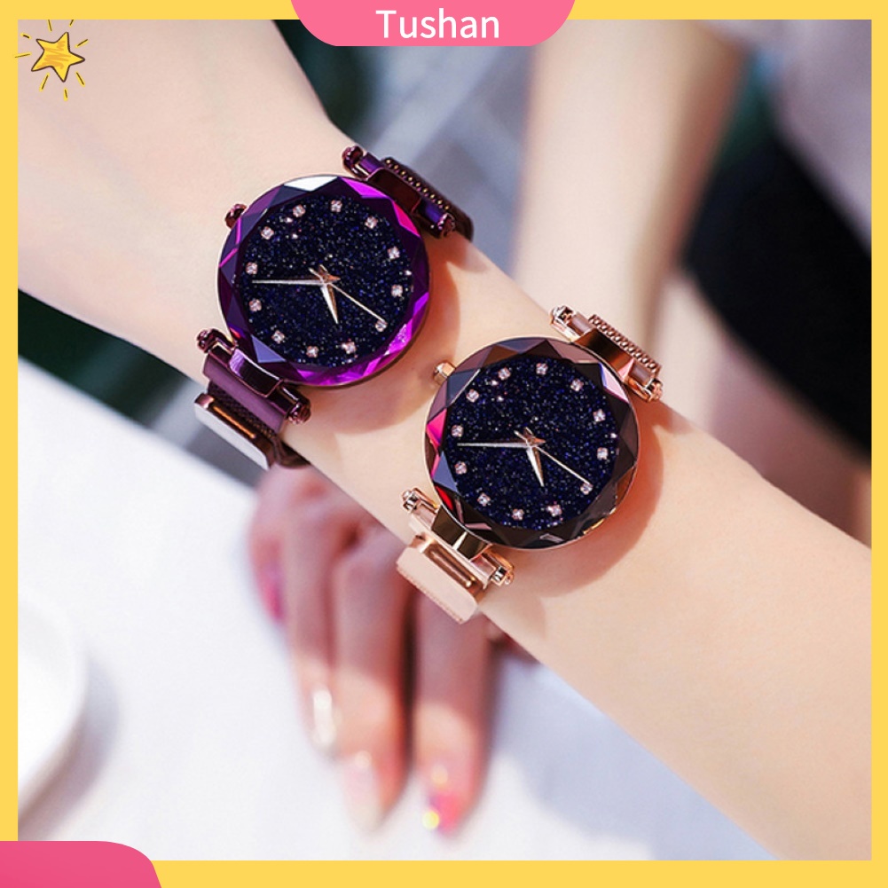 Đồng hồ thạch anh analog đeo tay dây từ họa tiết sao/kim cương cho nữ