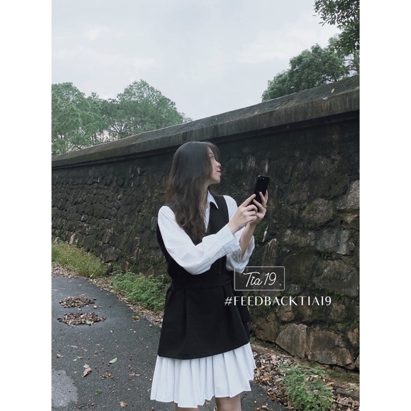 Set váy yếm xếp ly dài tay Tia19 . Đầm sơmi dáng xoè ulzzang