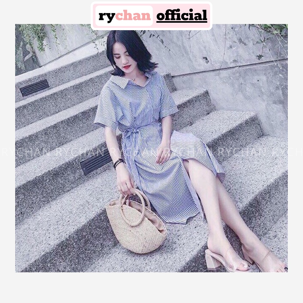 DX550 - Đầm Xòe Sơ Mi Sọc Cột Eo Cực Xinh