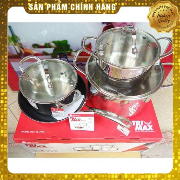 BỘ NỒI CHẢO INOX ELMICH 3742 , 3 LỚP ĐÁY LIỀN TRI-MAX 3742  4 CHIẾC SIZE 18CM, 20CM, 26CM VÀ CHẢO 26CM