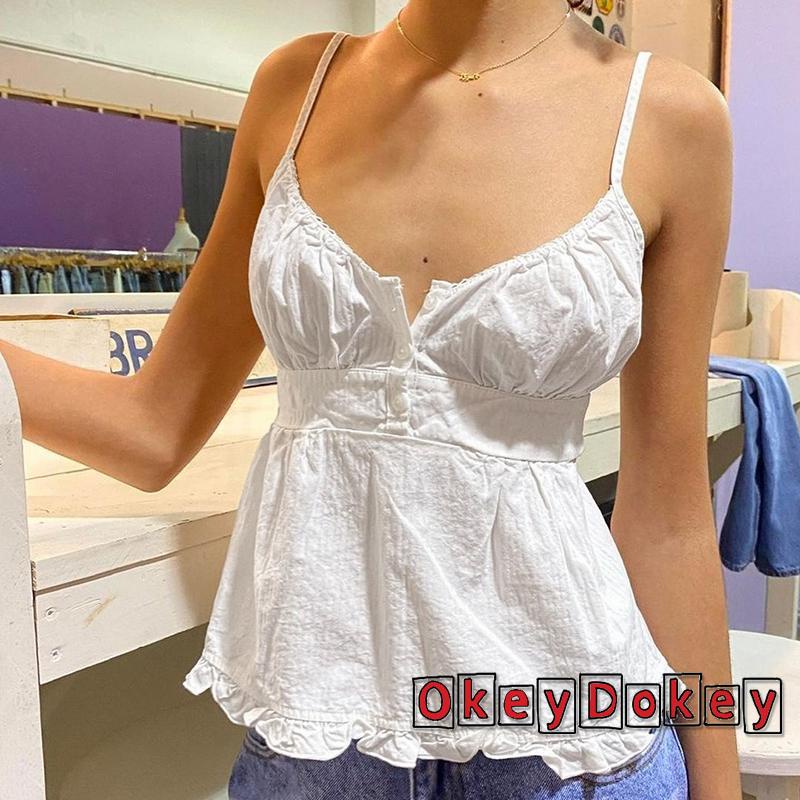 Áo hai dây nhún bèo cổ chữ v sâu viền bèo kẻ sọc caro màu trơn cho nữ y2k