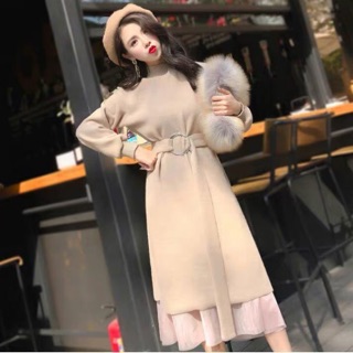 ĐẦM LEN DÀI TAY PHỐI CHÂN VOAN DỊU DÀNG SẴN MÀU BE FULL SIZE