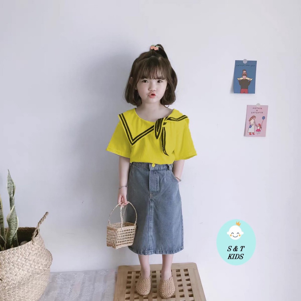 Set chân váy jean dáng dài kèm áo cổ thủy thủ