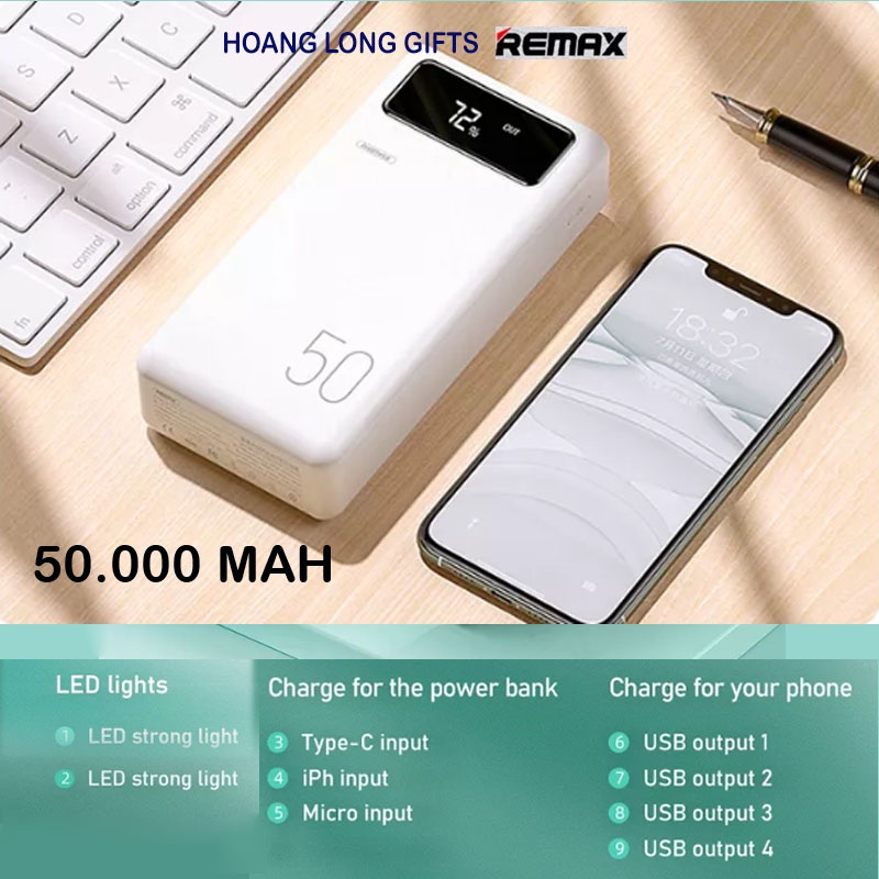 Pin Sạc Dự Phòng 30000/40000/50000 mah Remax 4 Cổng Sạc Usb - Tích Hợp Led - Đèn Pin
