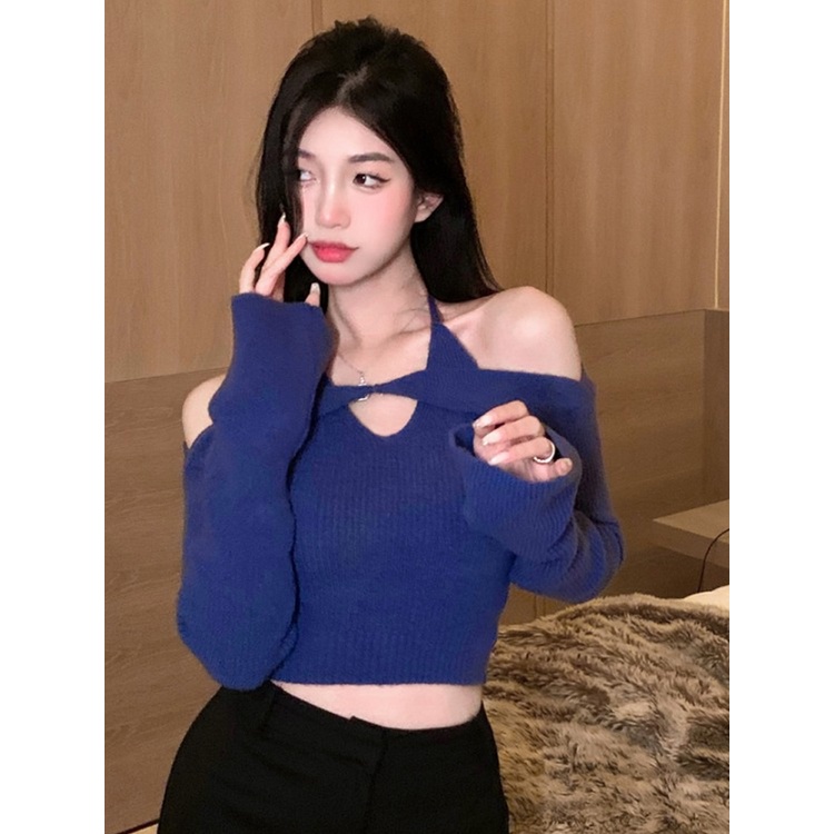 Set áo dệt kim 2 mảnh ZHELIHANGFEI cổ ngang hở vai eo cao gợi cảm