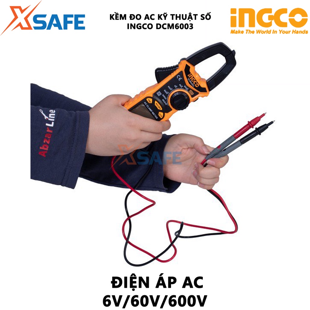 Ampe kìm đo AC kỹ thuật số INGCO DCM6003 6000 số đếm, lưu giữ dữ liệu, đèn nền, đèn flash, chức năng báo pin thấp