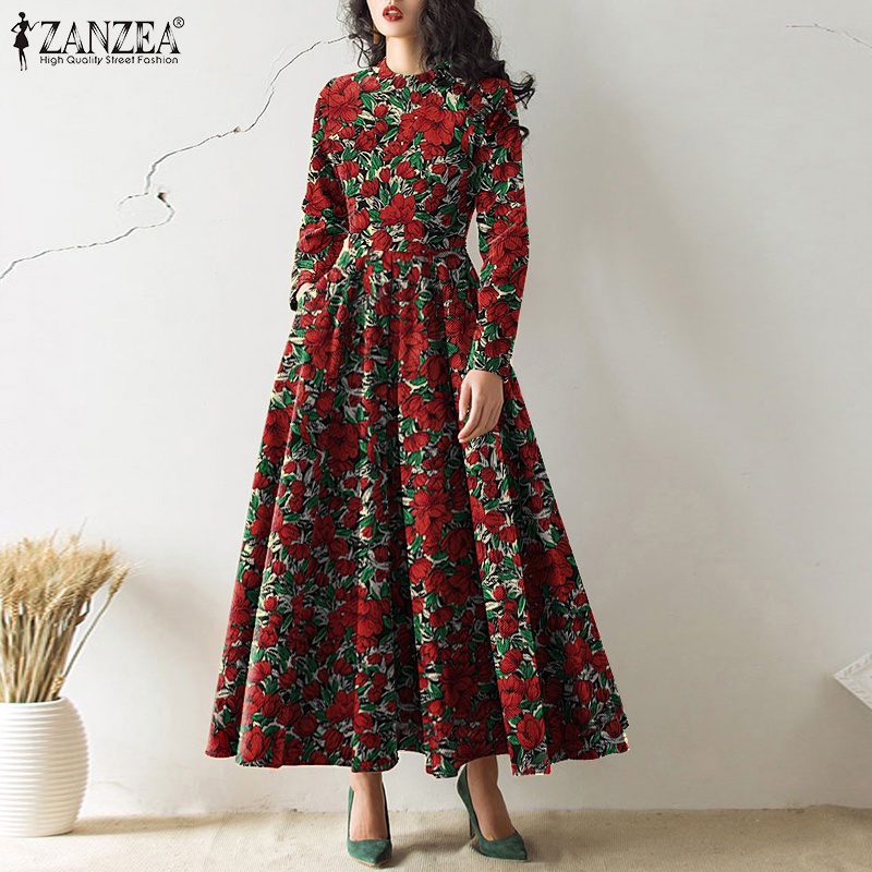 Đầm ZANZEA maxi dáng xòe dài phối khóa kéo lưng tay dài in hoạ tiết vintage cho nữ