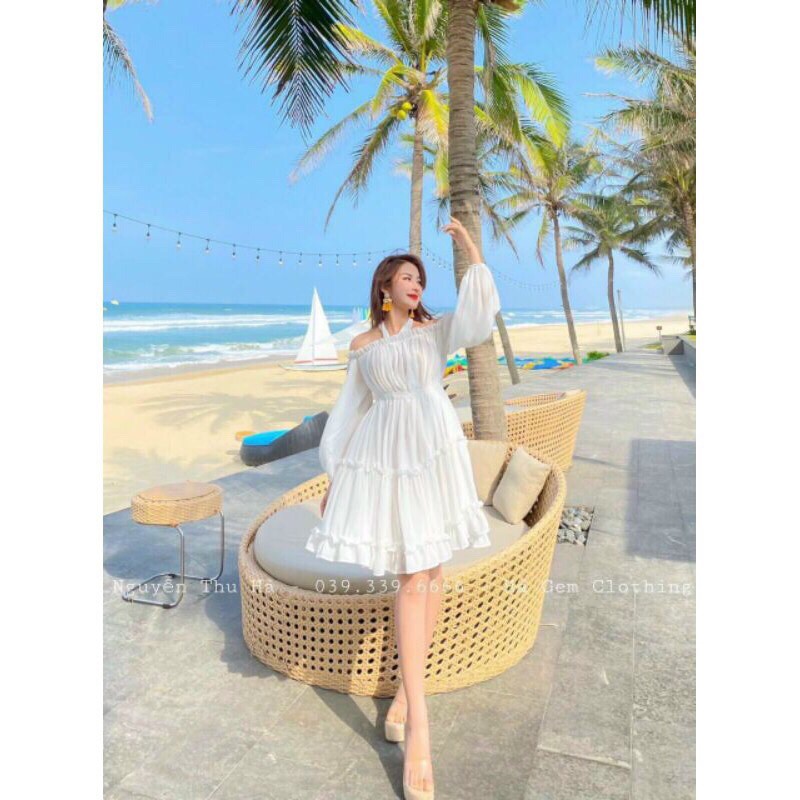 Váy trễ vai bèo dài tay, maxi đi biển, kèm ảnh thật