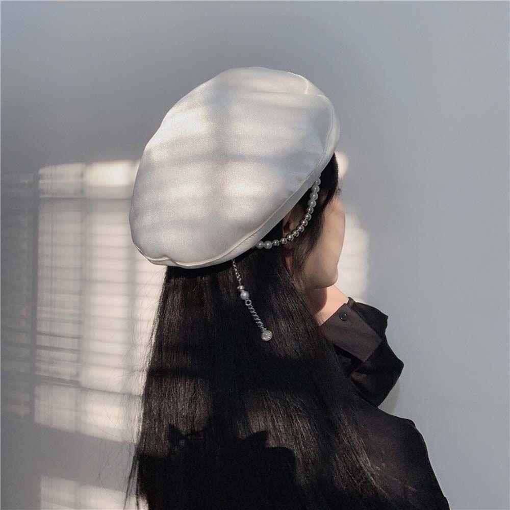 NICKOLAS Mũ Beret Vải Satin Phối Dây Xích Phong Cách Anh Quốc Thời Trang Mùa Đông Cá Tính Cho Nữ