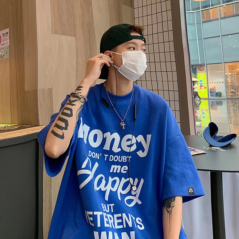 New Round Neck Print Casual Men's Loose Five-part Sleeve T-shirt Bottoming Fashion Tide