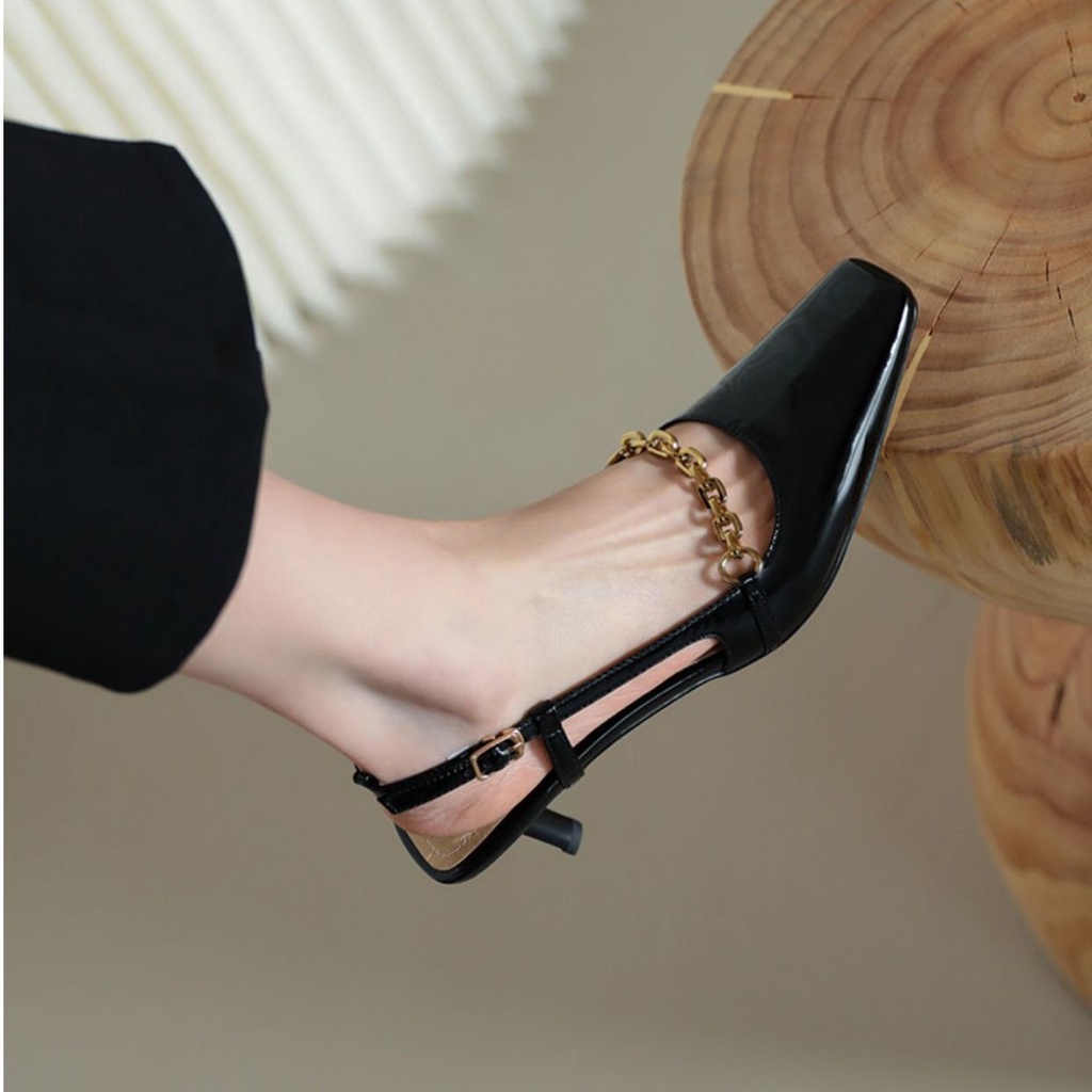 Oeggeo shop Xăng đan Cao Gót Hở Mũi Có Khóa Cài Phía Trước Cho Nữ