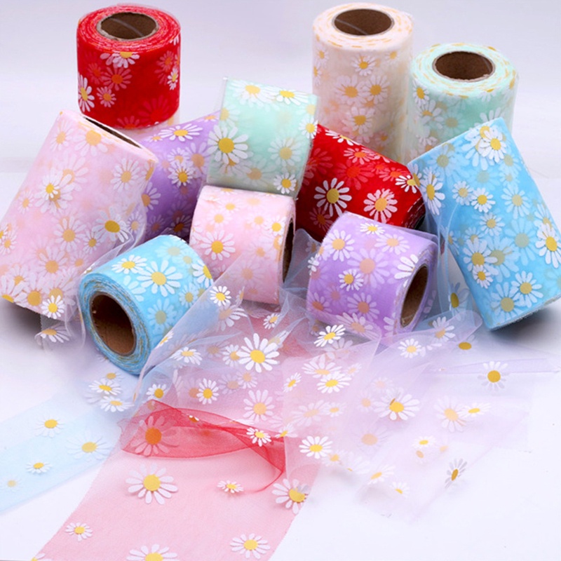 Cuộn Vải Tuyn 6cm 25Yards Họa Tiết Hoa Cúc Nhiều Màu Sắc Tự Trang Trí Bàn Tiệc Cưới