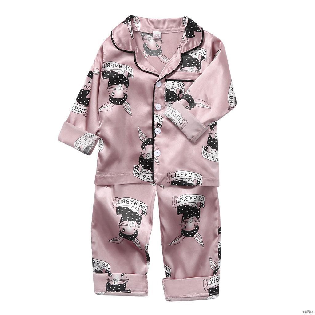 ruiaike  Kids Girls Boys Satin Silk Sleepwear Set Long Sleeve Cartoon Cat Print Button Blouse Tops + Pants Pajamas