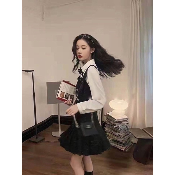 SÉT VÁY YẾM DẠ MIX ÁO SƠ MI KÈM TAG NƠ