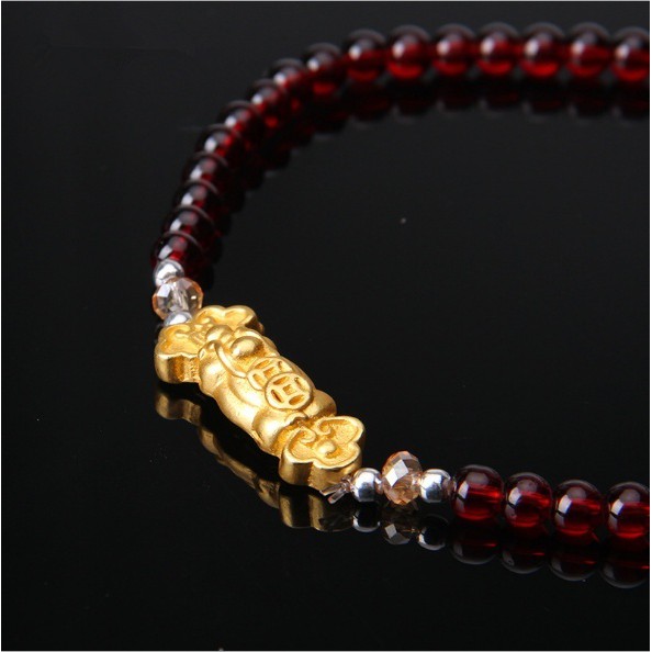 18K Yellow Gold Bless Pixiu Red Garnet Bead multilayer Bracelet Stretchy Bangle