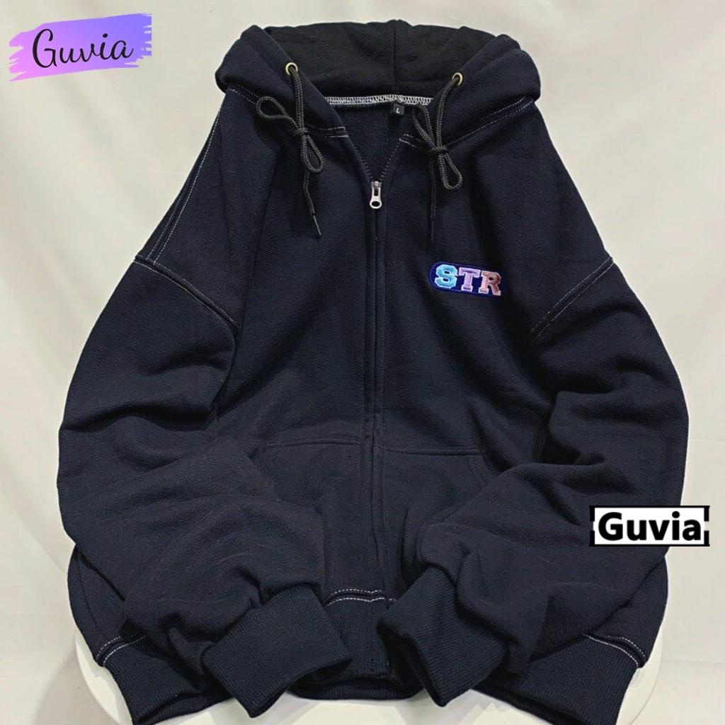 Áo Khoác Nỉ STR Dây Kéo Nam Nữ Ulzzang Unisex Form Rộng Chữ Thêu Đẹp GUVIA