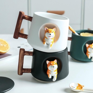 Cốc Sứ Có Quai Kèm Nắp Đậy Tạo Hình Chó Shiba Dễ Thương