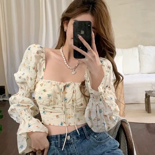 Áo sơ mi tay dài họa tiết hoa phong cách Hàn Quốc thời trang cho nữ