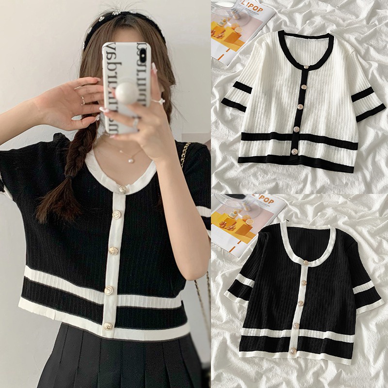 Áo Cardigan Dệt Kim Cổ Tròn Phối Màu Tương Phản Thời Trang Mùa Hè Cho Nữ