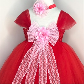 Váy công chúa - váy tutu đỏ phối hoa hồng và ren