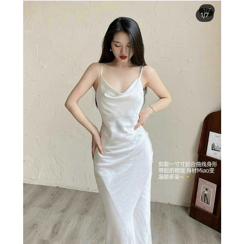 Đầm Lụa Hai Dây Cổ Đổ Xẻ Đùi Tôn Dáng