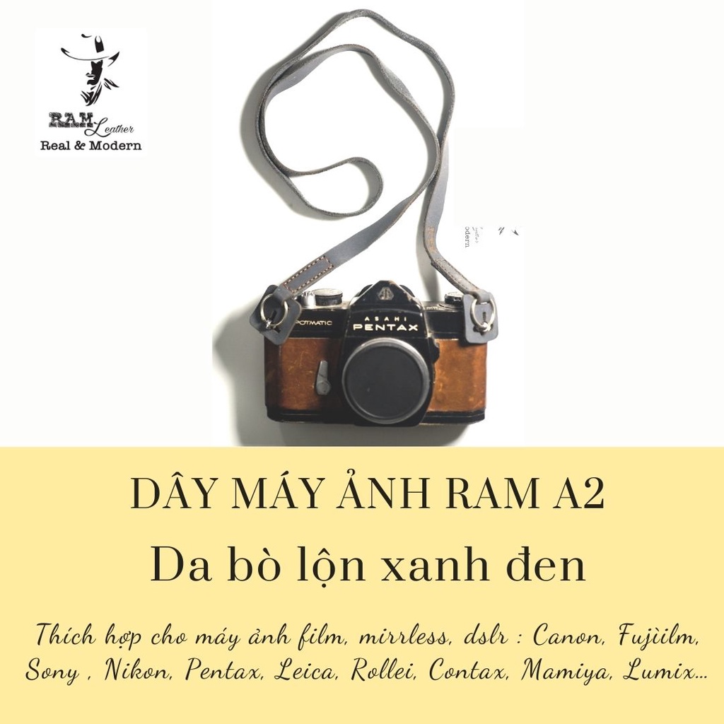 Dây máy ảnh da bò thật handmade bền chắc cực đẹp xanh dương RAM Leather a2