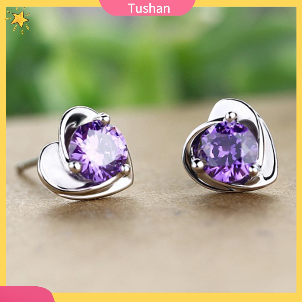 TUSH Lady Rhinestone Inlaid Heart Ear Stud Earrings Women Jewelry Valentine Day Gift