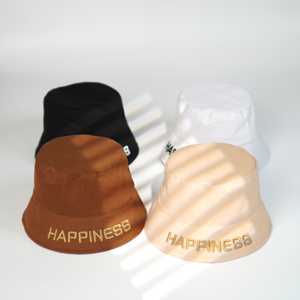 Mũ bucket thêu chữ Happiness Nón tai bèo vành cụp chất kaki phong cách Ulzzang thời trang form unisex nam nữ B05