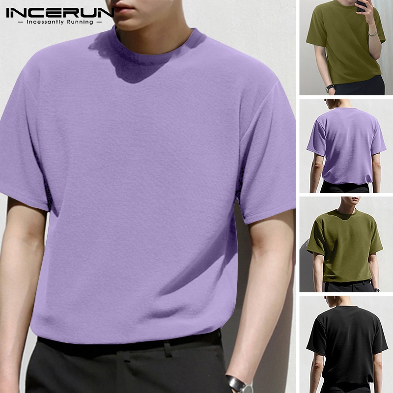 Áo thun INCERUN tay ngắn màu trơn phong cách giản dị thời trang cho nam