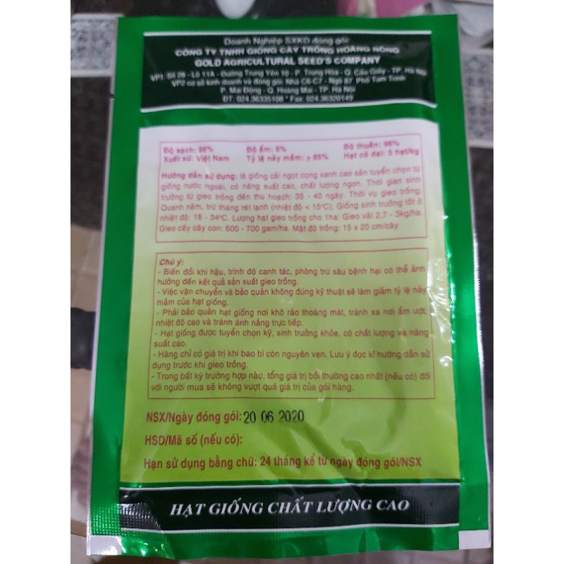 Hạt giống cải ngọt cọng xanh gói 50gr