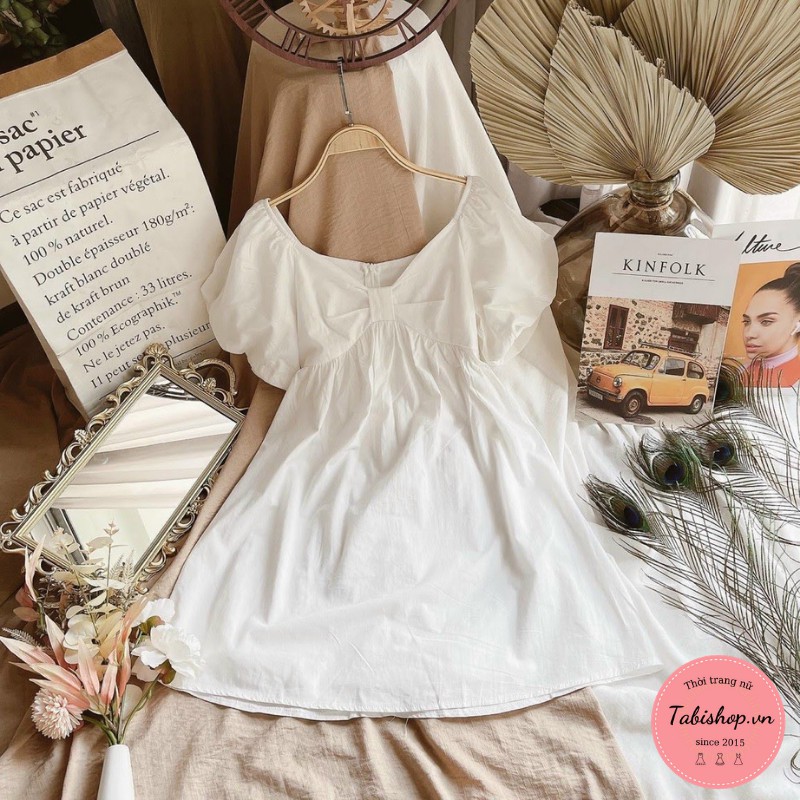 Váy nữ màu trắng đầm babydoll cổ V tay phồng hàng may 2 lớp siêu xinh | BigBuy360 - bigbuy360.vn