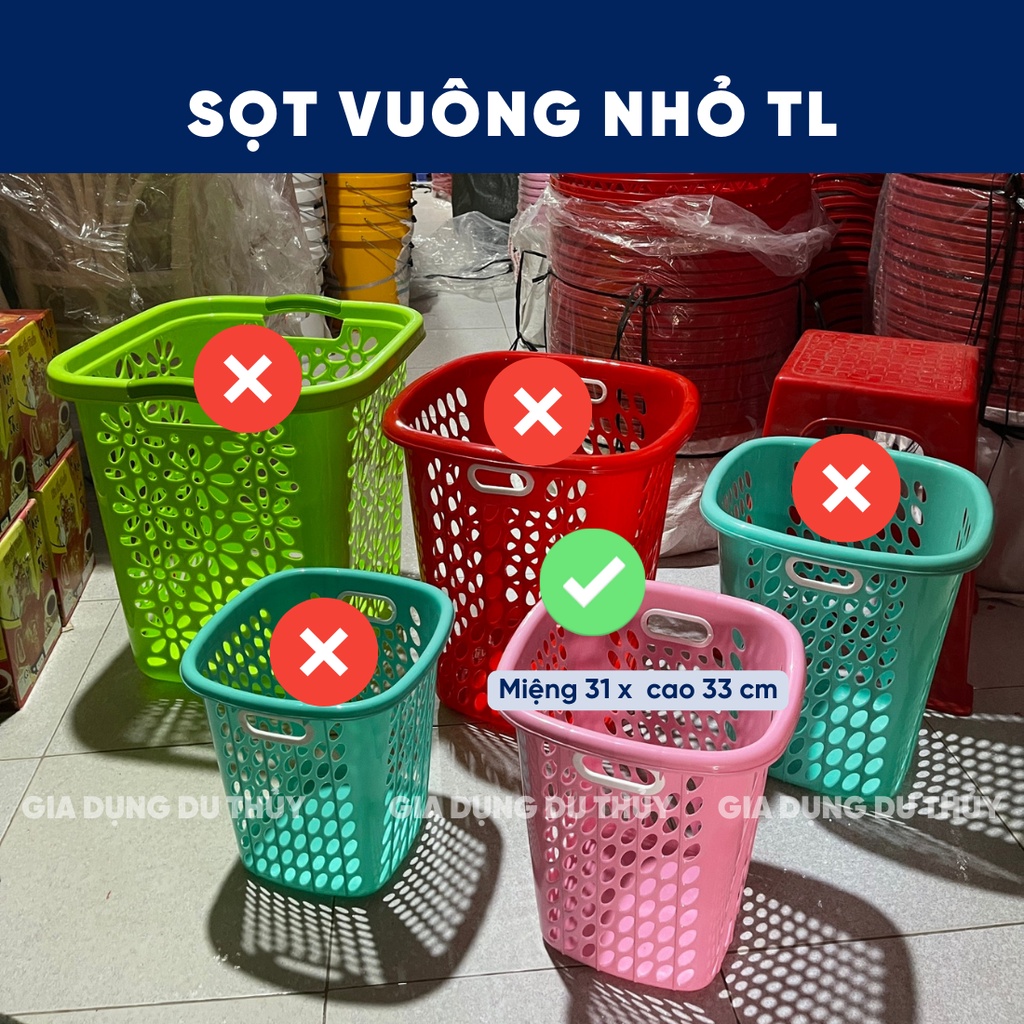 Sọt nhựa vuông đựng rác không nắp dùng đựng rác nhà bếp, rác quán ăn nhiều size màu xanh, đỏ, hồng của gia dụng Du Thủy