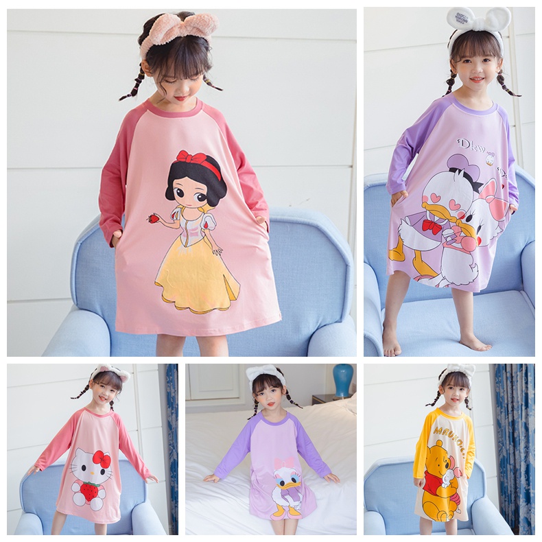 Đầm ngủ tay dài cổ tròn chất liệu cotton thoáng khí in họa tiết hoạt hình phong cách Hàn Quốc dành cho bé gái