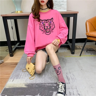 Áo thun nỉ cotton cổ tròn dài tay in họa tiết hổ đáng yêu thời trang Harajuku
