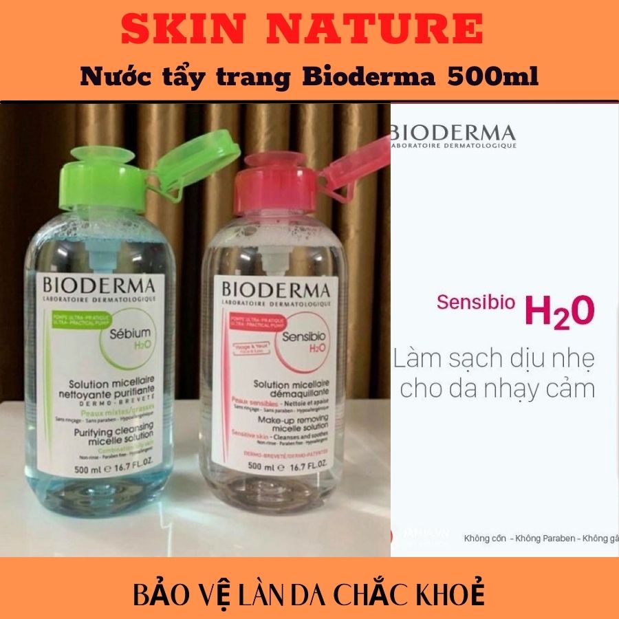 Nước tẩy trang Bioderma, Tẩy trang bioderma 500ml nút nhấn chuẩn Pháp chính hãng