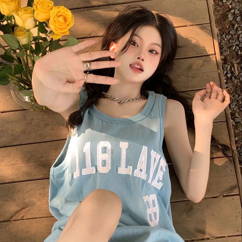 Jiashucheng Áo Thun Ba Lỗ Thể Thao Dáng Rộng In Chữ Phong Cách Hip Hop Mỹ Thời Trang Mùa Hè Cho Cặp Đôi