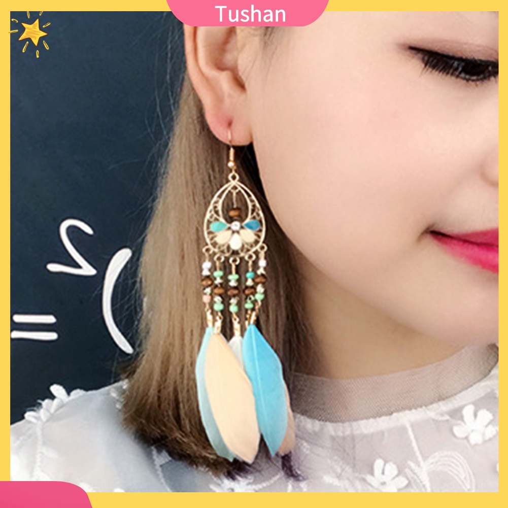 Đôi khuyên tai kiểu lưới giấc mơ phối hạt và lông vũ thời trang cho nữ