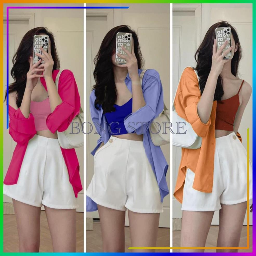 Set đồ nữ, Set 3 chi tiết đi biển áo đũi nhăn kèm brada mix quần sooc kaki siêu hot mặc đi biển.