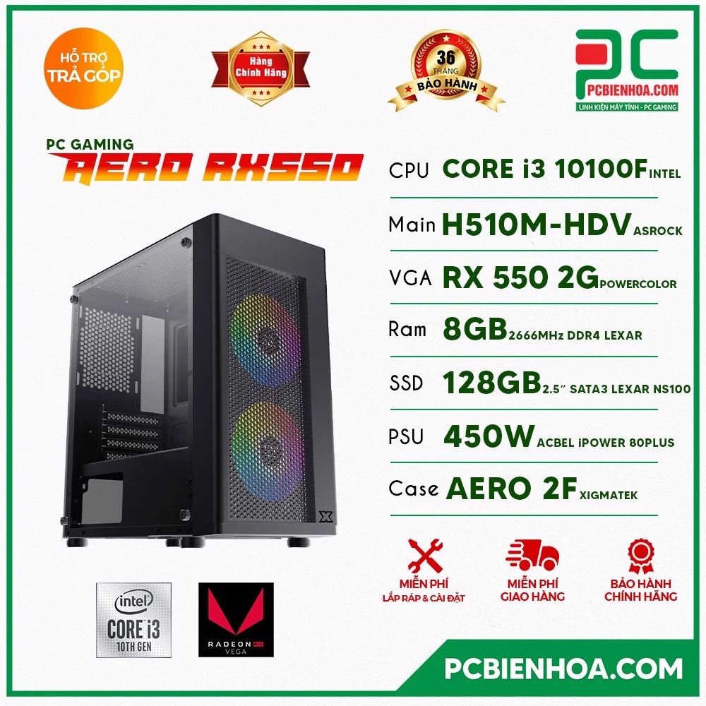 PC GAMING AERO RX550 ( CORE I3 10100F / H510 / RX550 2G / 8GB / 128GB )