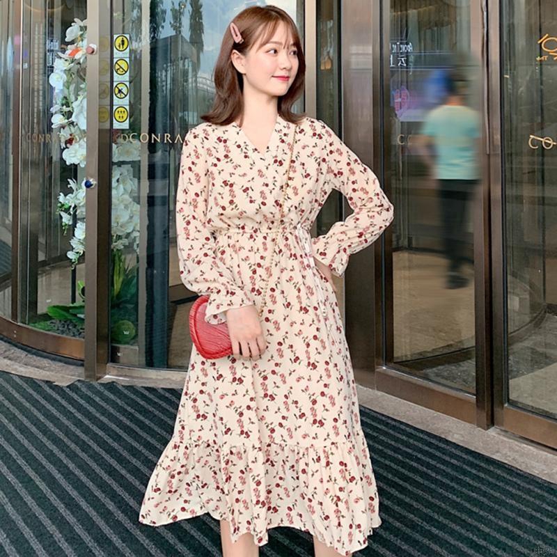Đầm hoa nữ tay dài kiểu Hàn Quốc dịu dàng đáng yêu | BigBuy360 - bigbuy360.vn