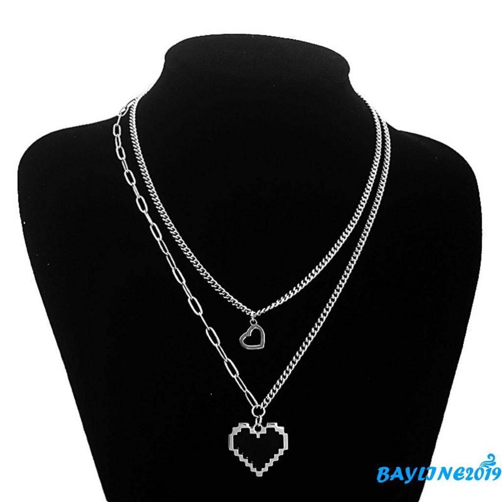 Dây chuyền hai lớp mặt hình trái tim mosaic màu đen phong cách hip hop làm quà valentine cho nữ