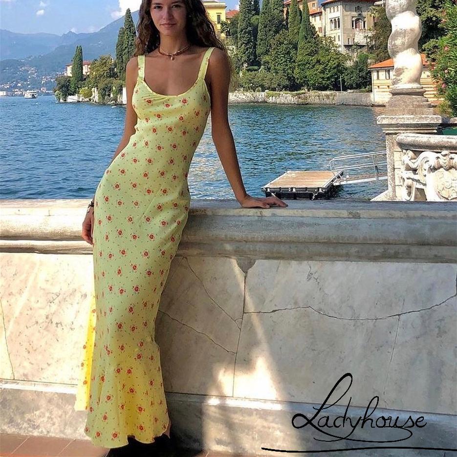 Ld-đầm Sát Nách Cổ Chữ U In Họa Tiết Hoa Màu Vàng/Đen Thời Trang Mùa Hè Dành Cho Nữ