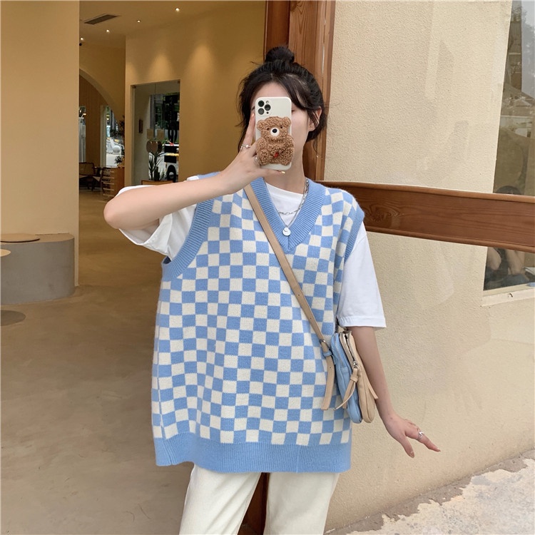 Áo len không tay cổ chữ V họa tiết sọc caro thời trang cho nữ